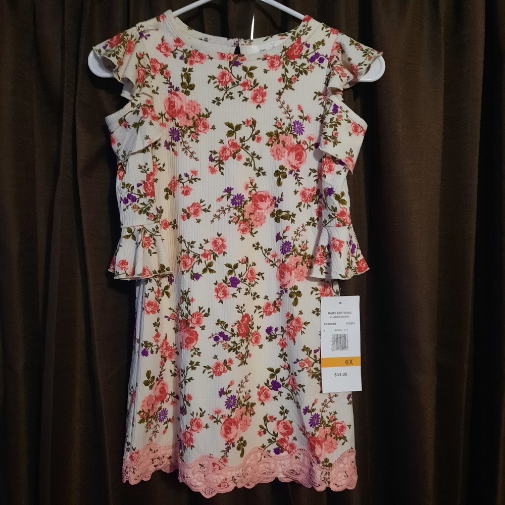 Girls Rare Editions Dress Ivory with Pink and Red Roses